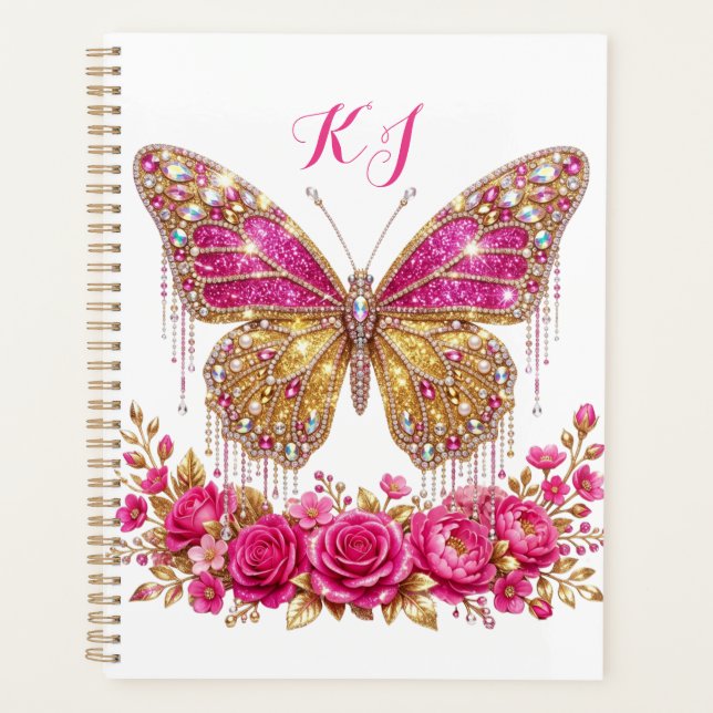 Pink Butterfly Roses Gold Personalised Design Planner (Front)