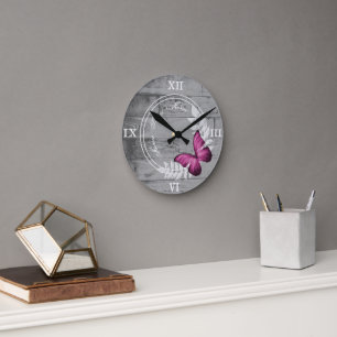 Pink Butterfly Rustic Acrylic Wall Clock