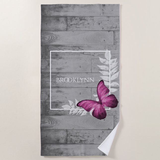 Pink Butterfly Rustic Beach Towel (Front)