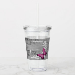 Pink Butterfly Rustic Personalised Acrylic Tumbler