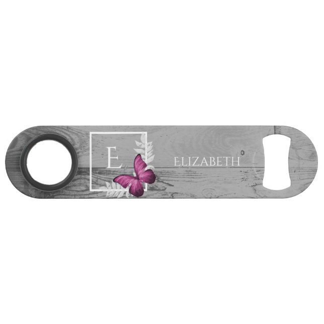 Pink Butterfly Rustic Personalised Bar Key (Front (Horizontal))