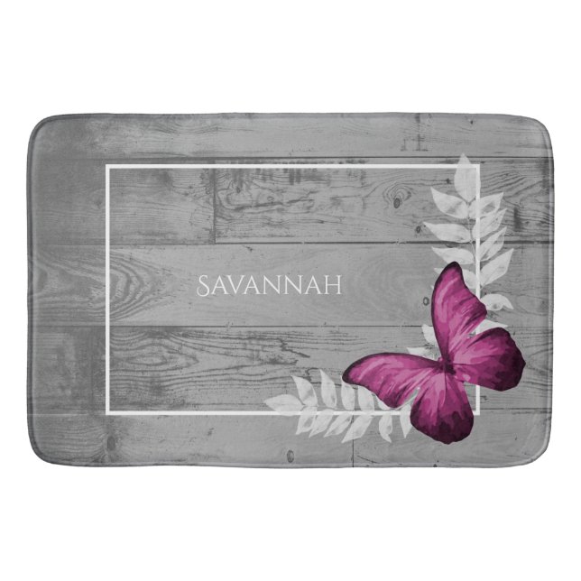 Pink Butterfly Rustic Personalised Bath Mat (Front)