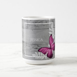 Pink Butterfly Rustic Personalised Coffee Mug