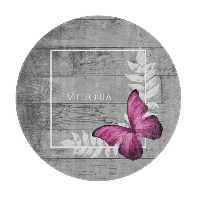 Pink Butterfly Rustic Personalised Cutting Board (Front)