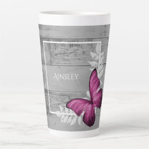 Pink Butterfly Rustic Personalised Latte Mug