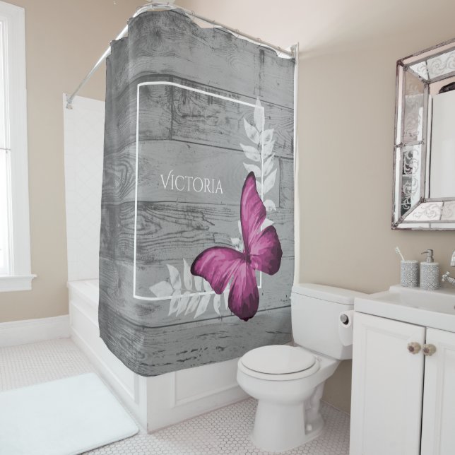Pink Butterfly Rustic Personalised Shower Curtain (In Situ)