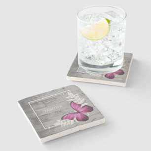 Pink Butterfly Rustic Personalised Stone Coaster