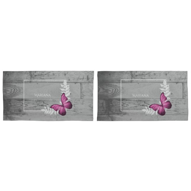 Pink Butterfly Rustic Pillow Case (Front-Set)