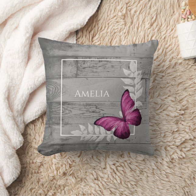Pink Butterfly Rustic Throw Pillow (Blanket)