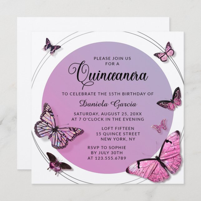Pink Butterfly Shimmer Modern Quinceañera Invitation (Front/Back)