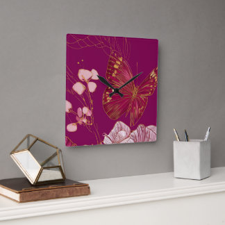 Pink Butterfly Square Wall Clock