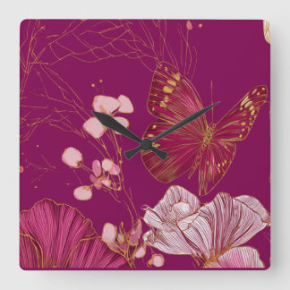 Pink Butterfly Square Wall Clock