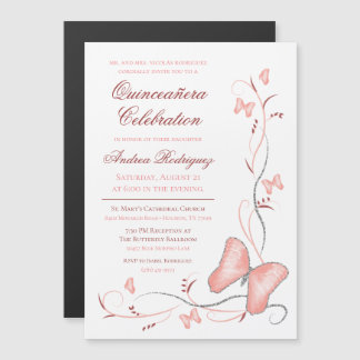 Pink Butterfly & Swirls Quinceañera Magnetic Invitation