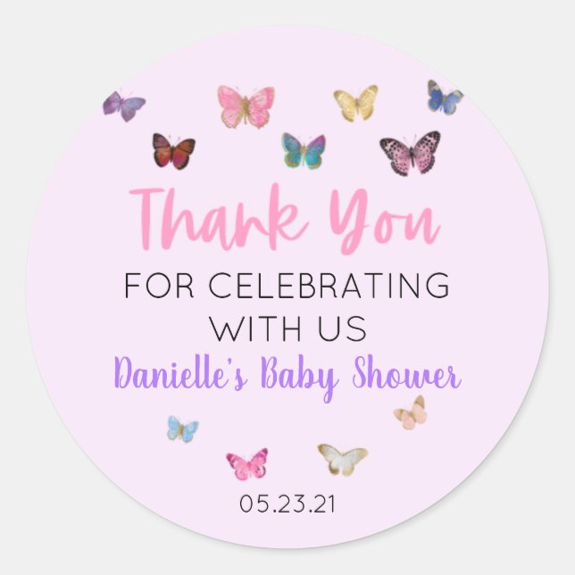 Pink Butterfly Thank You Baby Shower Favour Sticke Classic Round Sticker (Front)
