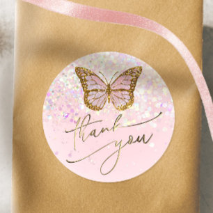 pink butterfly thank you classic round sticker