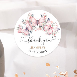 Pink Butterfly Theme 1st Birthday Favour Classic Round Sticker