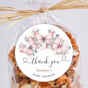 Pink Butterfly Theme Baby Shower Favour Classic Classic Round Sticker
