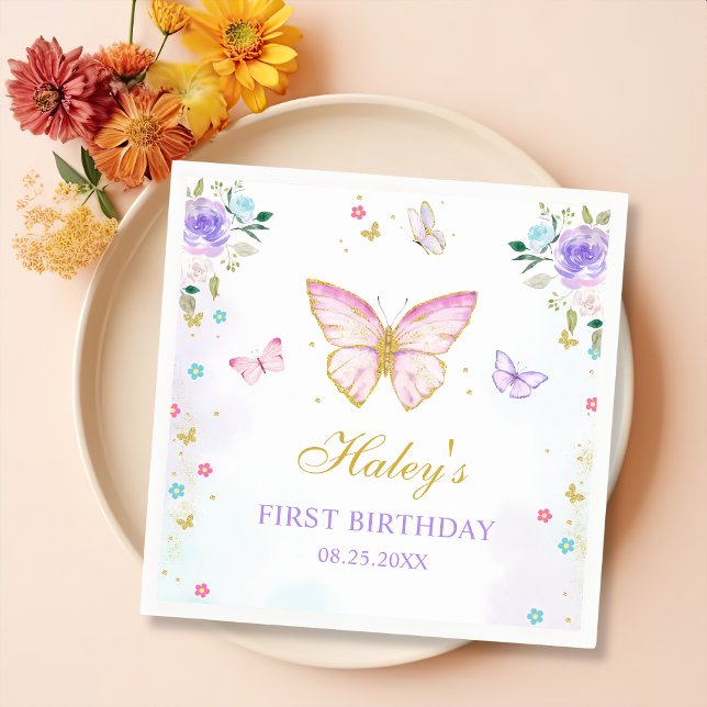 Pink Butterfly Theme Floral Girl Birthday Party  Napkin (Creator Uploaded)