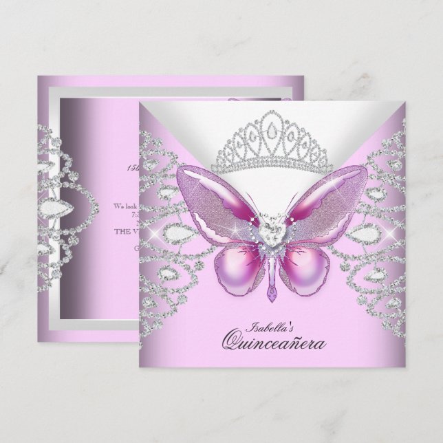 Pink Butterfly Tiara Quinceanera 15th Party Invitation (Front/Back)