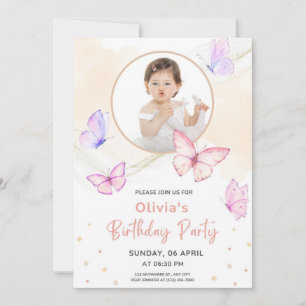 Pink Butterfly Watercolor Birthday  Invitation
