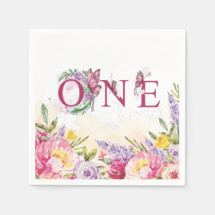 Pink Butterfly Watercolor Floral Birthday ONE Napkin