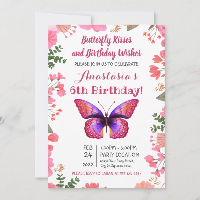 Pink Butterfly Watercolor Floral Frame Birthday Invitation (Front)