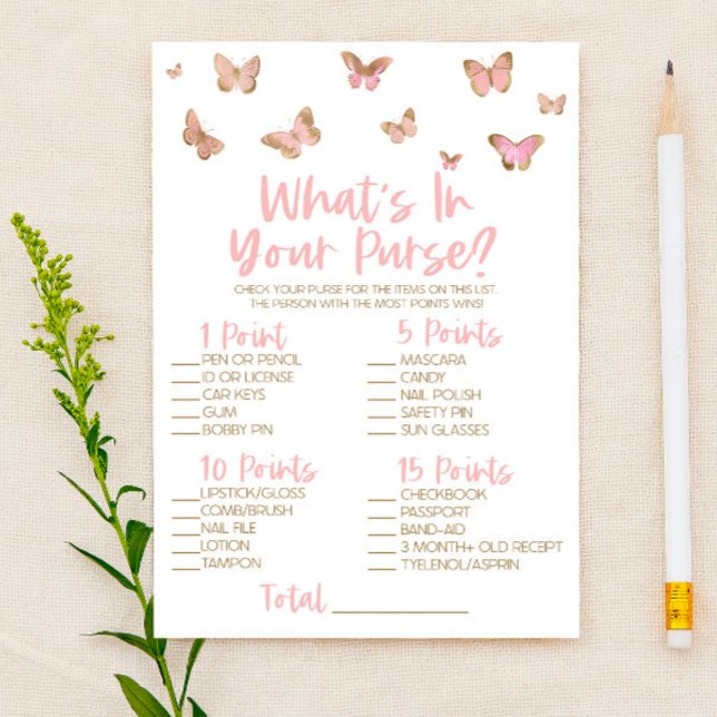 Pink Butterfly What's In Purse Baby Shower Game Stationery (Creator Uploaded)
