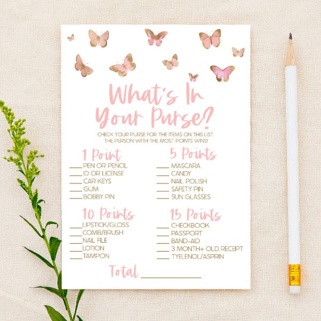 Pink Butterfly What's In Purse Bridal Shower Game Stationery (Creator Uploaded)