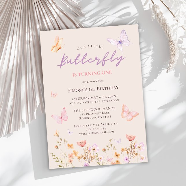 Pink Butterfly Wildflower Girl First Birthday  Invitation (Creator Uploaded)