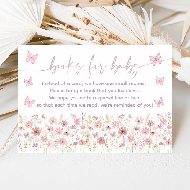 Pink Butterfly Wildflowers Baby Book Request Enclosure Card (Creator Uploaded)