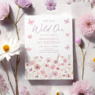 Pink Butterfly Wildflowers First Birthday Invitation