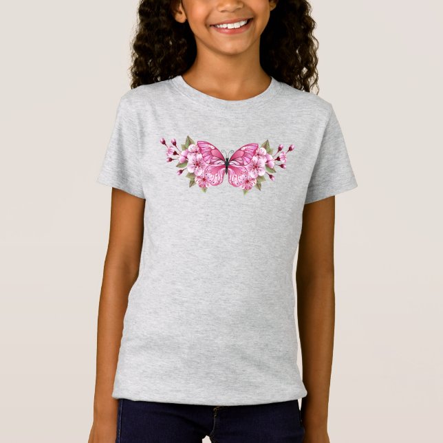 Pink Butterfly with Sakura T-Shirt (Front)