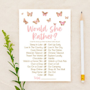 Pink Butterfly Would She Rather Bridal Shower Game Stationery