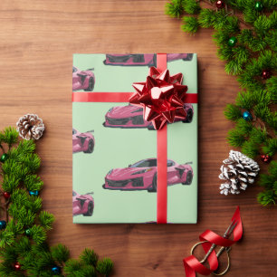 Pink C8 Corvette Sports Car Hand Drawn Wrapping Paper
