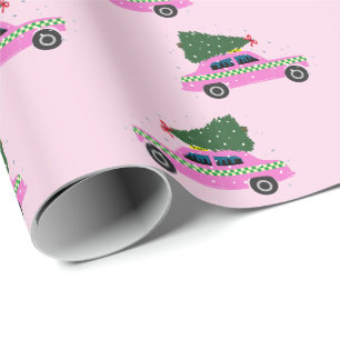 Pink Cab Taxi Fir Tree Pattern Pink Christmas Wrapping Paper