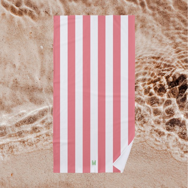 Pink Cabana Stripe & Personalised Green Monogram Beach Towel (Creator Uploaded)