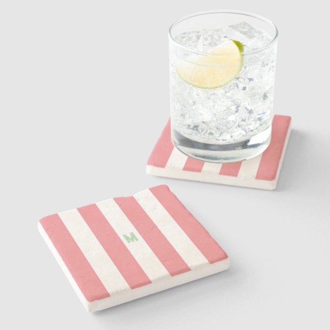 Pink Cabana Stripe & Personalised Green Monogram Stone Coaster (Side)