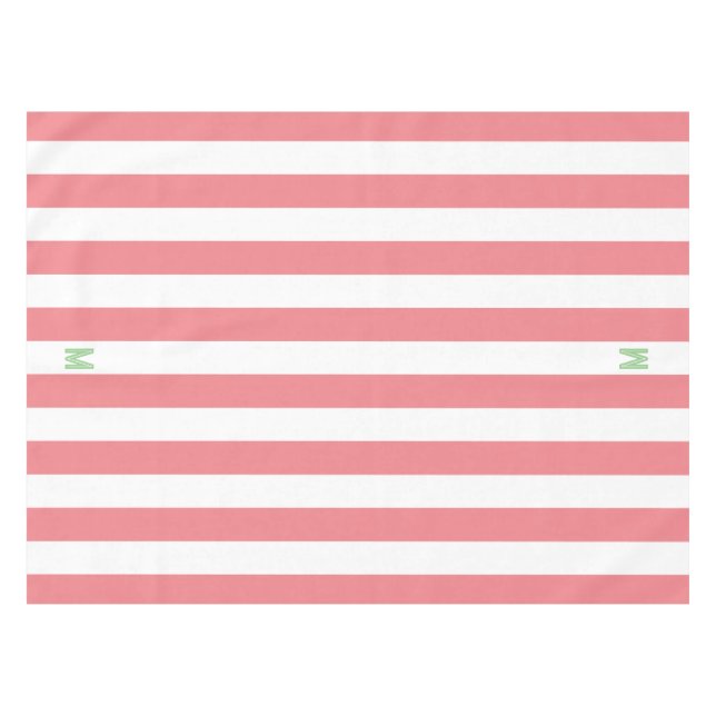 Pink Cabana Stripe & Personalised Green Monogram Tablecloth (Front (Horizontal))