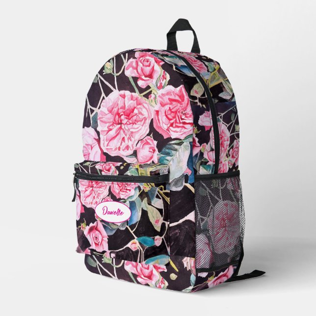 Pink Cabbage Rose Flower Pattern Watercolor Girls Printed Backpack (Back Corner Right)