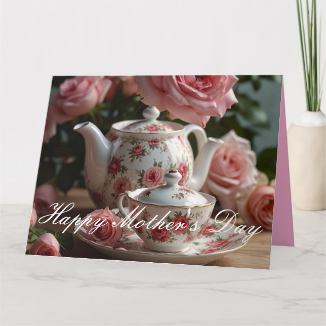 Pink Cabbage Rose Tea Card (Front)