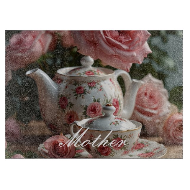 Pink Cabbage Rose Tea Cutting Board (Front)