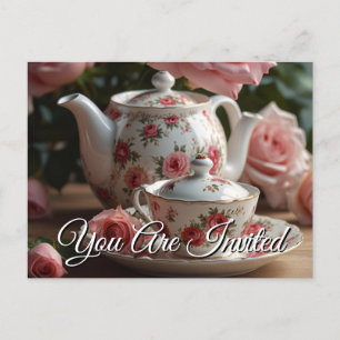 Pink Cabbage Rose Tea  Invitation Postcard