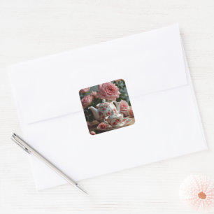 Pink Cabbage Rose Tea Square Sticker