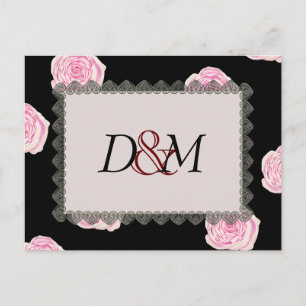 Pink Cabbage Roses and Black Lace Wedding Announcement Postcard