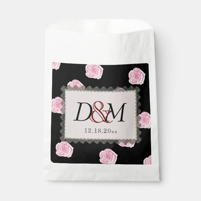 Pink Cabbage Roses and Black Lace Wedding Favour Bags (Front)
