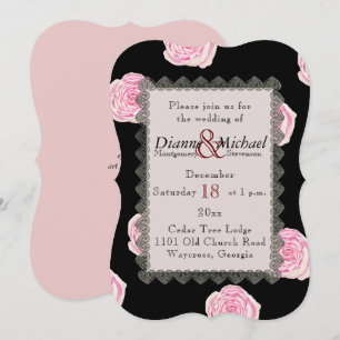 Pink Cabbage Roses and Black Lace Wedding Invitation
