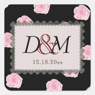 Pink Cabbage Roses and Black Lace Wedding Square Sticker