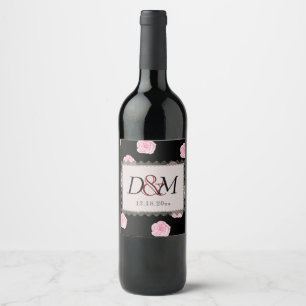 Pink Cabbage Roses and Black Lace Wedding Wine Label