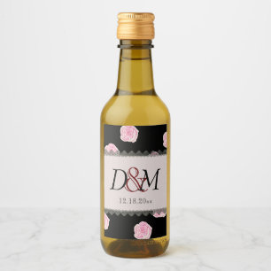 Pink Cabbage Roses and Black Lace Wedding Wine Label