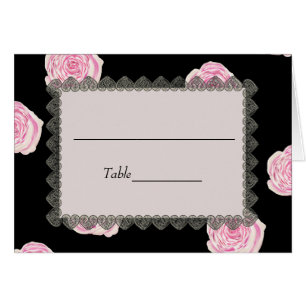 Pink Cabbage Roses & Black Lace Wedding Place Card